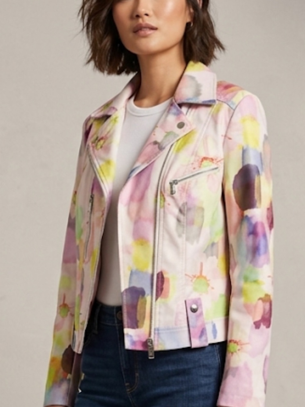 NWT Insight Watercolor Floral faux suede  Moto Jacket - Pink Multicolor